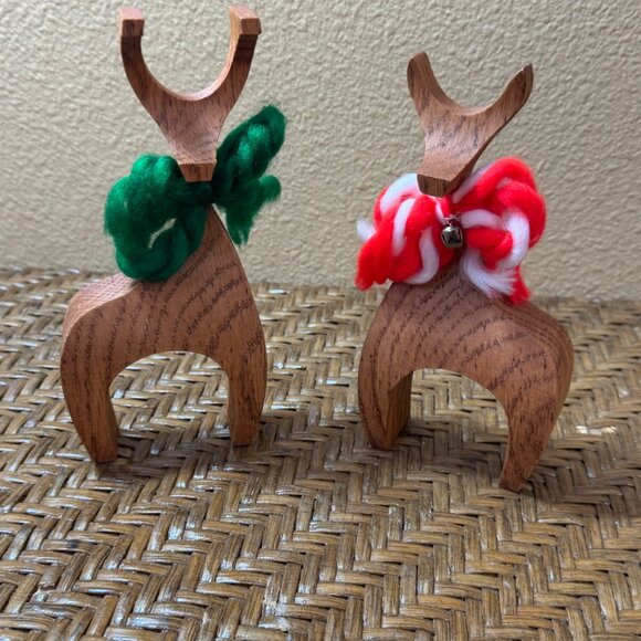 Vintage Handmade Wood Deer Other - Vintage Handcrafted Wooden Reindeer Figurines With Red & Green Wool Bows 1986